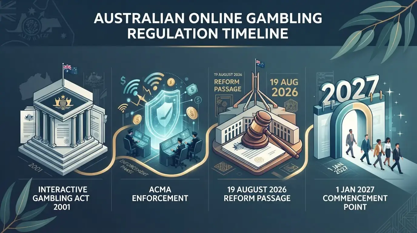 Australian online gambling law timeline with the Interactive Gambling Act, ACMA enforcement and 2026 reform milestones