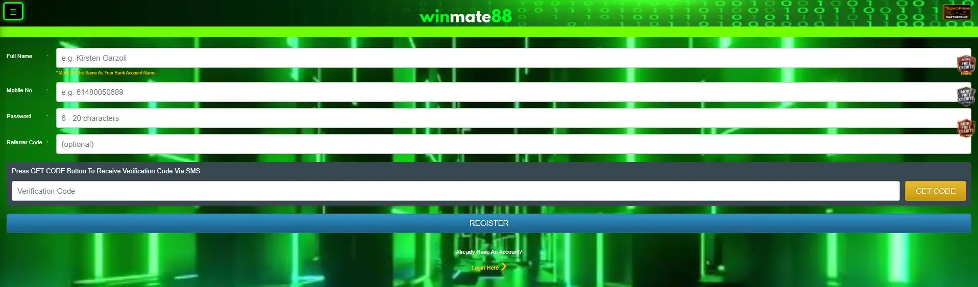 WinMate88 account entry screen with login and registration controls