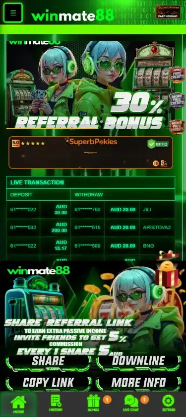 WinMate88 casino interface displayed in a mobile phone browser