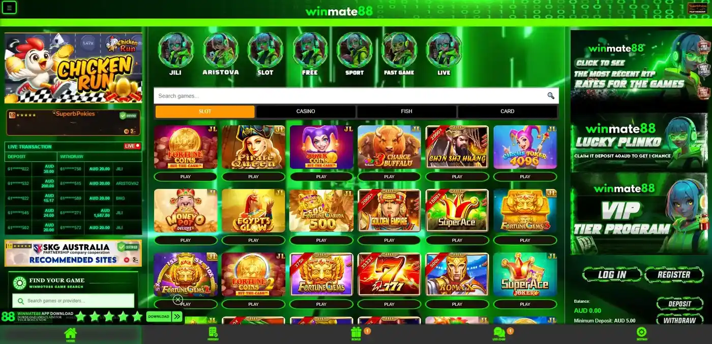 WinMate88 casino lobby with game categories and account navigation