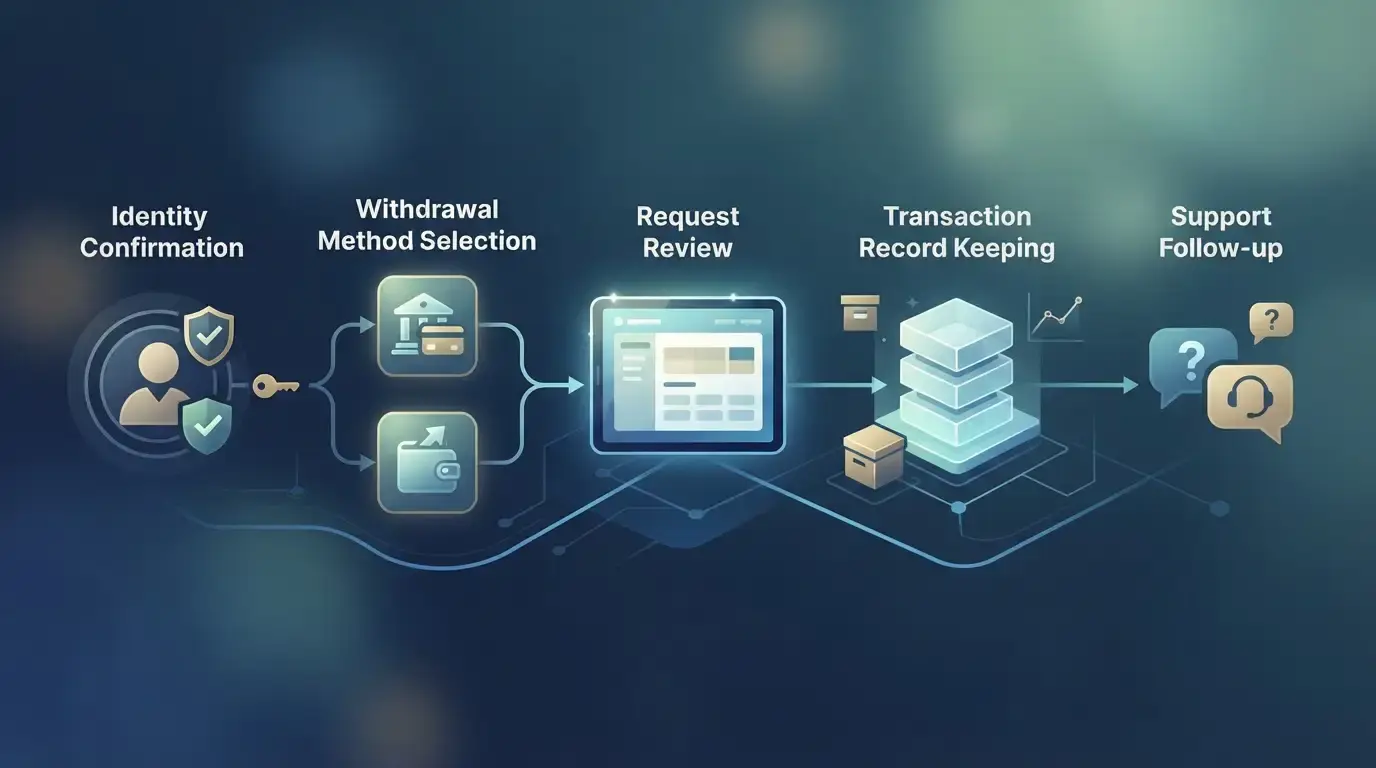 Withdrawal checklist covering identity checks, payment method, request details and transaction records